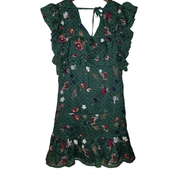 Tularosa Lindsay Emerald Green Eyelet Sequin Mini Dress XXS Embroidered Floral - Picture 7 of 9